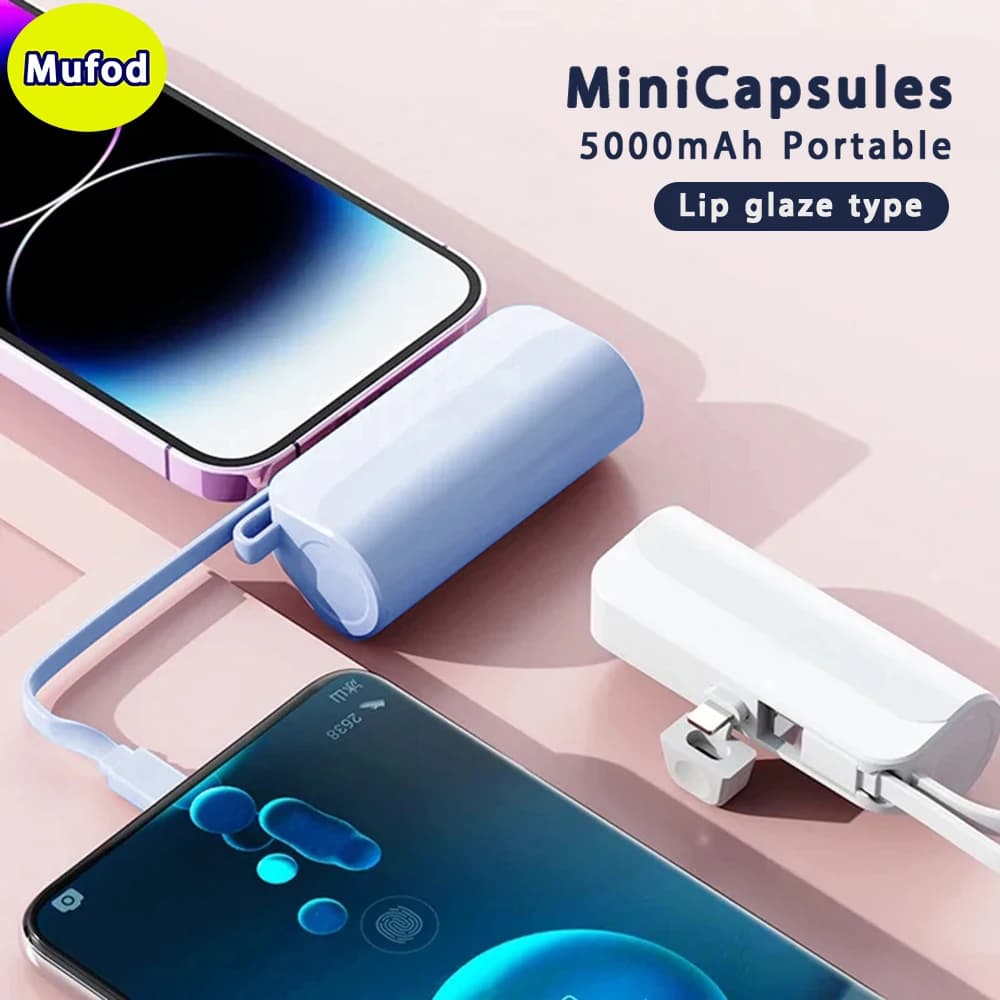 Mufod Mini Capsules Powerbank For Iphone Lightning Type C Android 5000mAh Fast Charging Power Bank Wired Lip Gloss Lipstick Tube