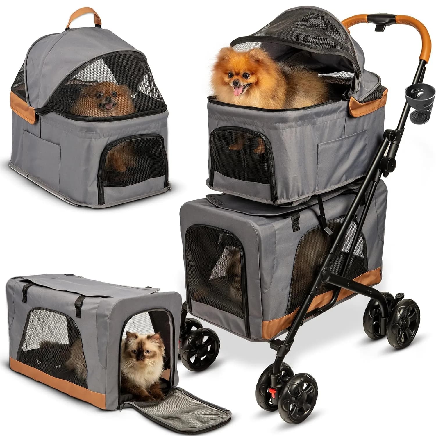 Passeggino Doppio per 2 Cani o Gatti - Compatto e Facile da Montare - Grigio