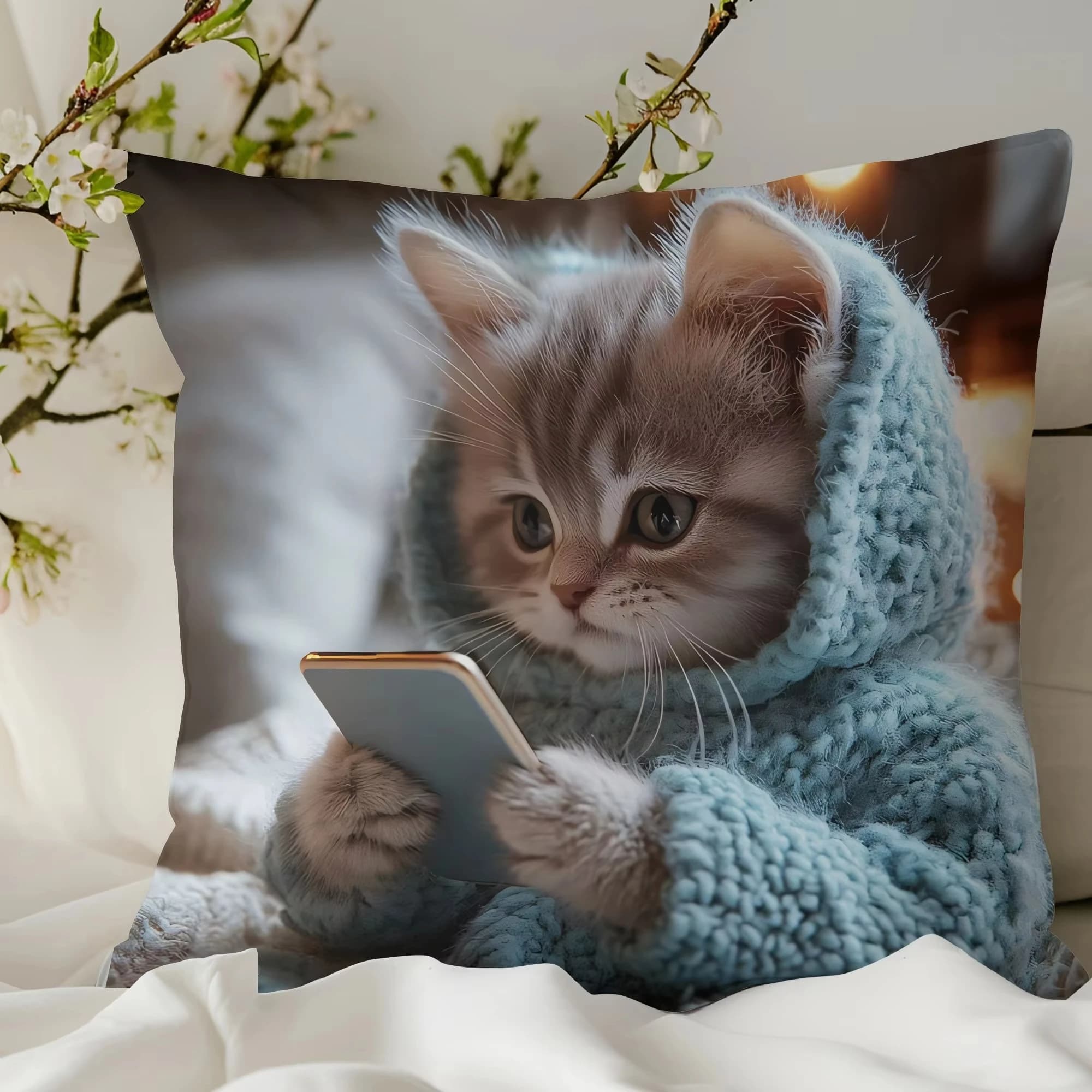 Adorable Kitten in Hoodie Cushion Cover: Soft & Charming Home Decoration Pillowcase for Sofa, 2D Print, 1 Piece