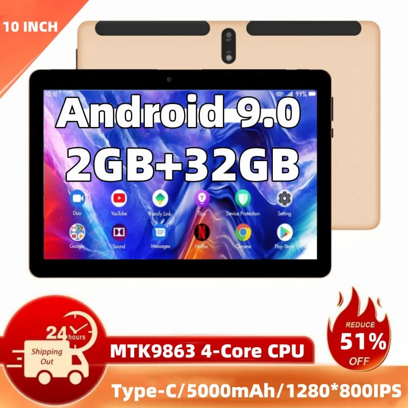 New Tablet PC Android 9.0 from 10.1 Inches with Type-C, 2GB RAM, 32GB ROM, MTK9863 Quad-Core, 1280*800 IPS, Double Camera