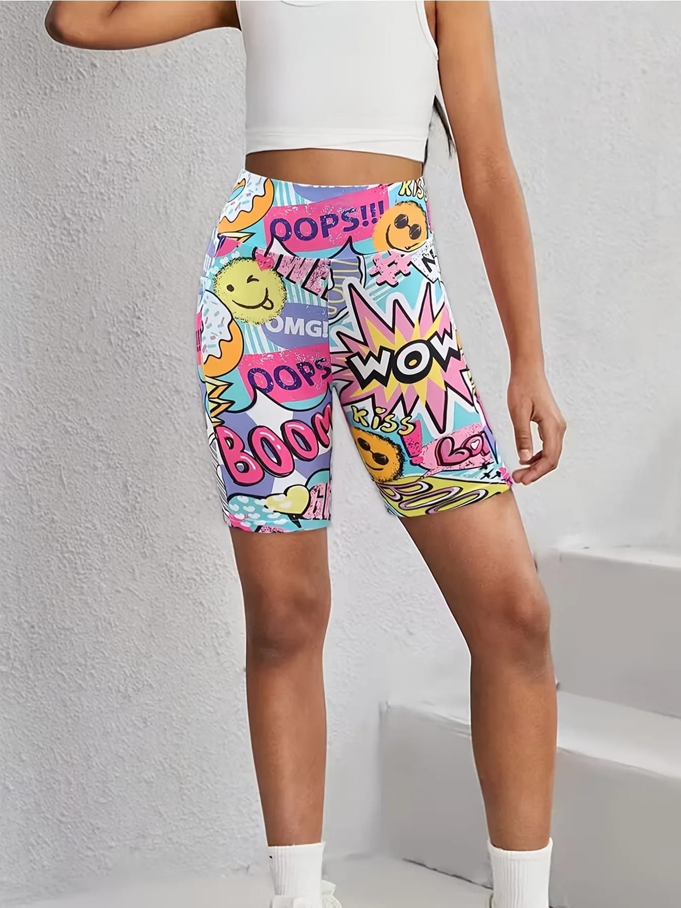 Girls' cartoon graffiti all-over print, high-waisted stretchy slim fit, five-point cycling shorts, high-elastic skin-friendly sp