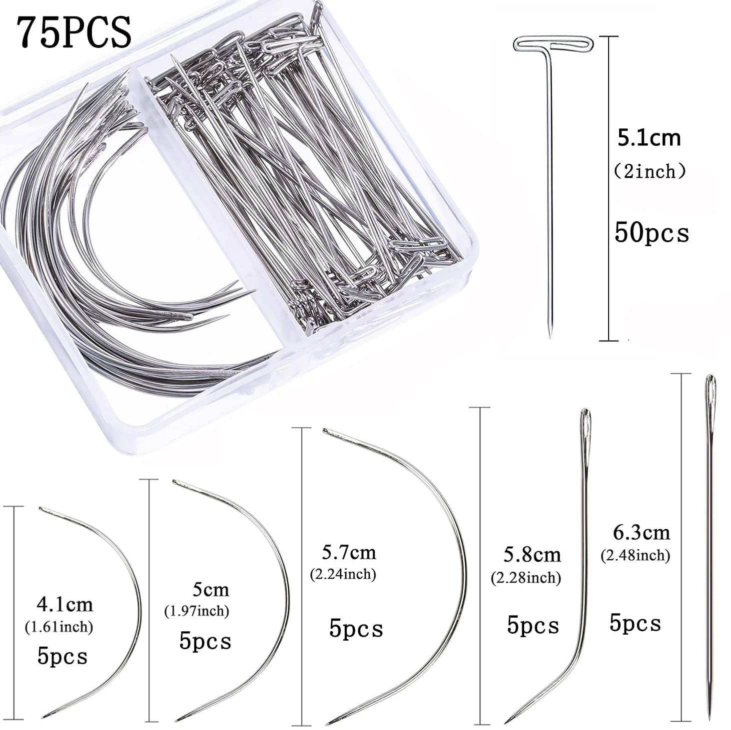 75piecesT&C&L&I curved wig making pins needles set with storage case for secure hair weaving wig making blocking knitting