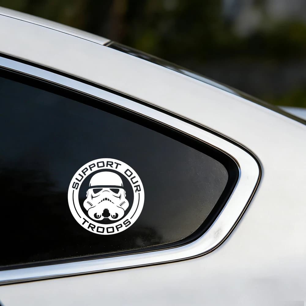 Adesivo in vinile per auto con scritta 'Supporta i nostri soldati' Stormtrooper, per decorazione di finestrini e paraurti, decorazioni per laptop e borracce a tema Space Wars.