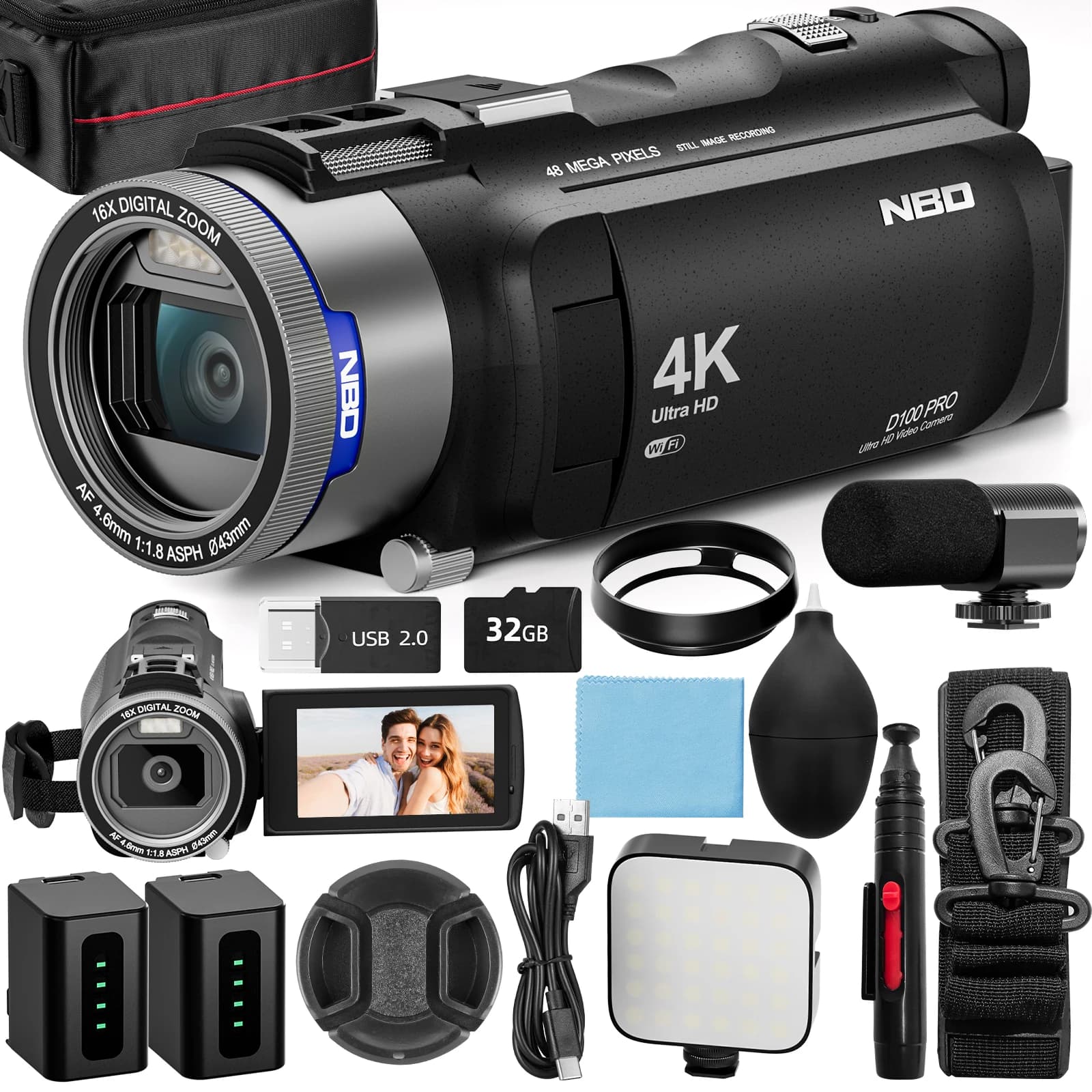NBD 4K HD camera and 48MP video camera with wi-fi and app control, 3X battery life recorder, Zoom 16X, 270 ° IPS screen