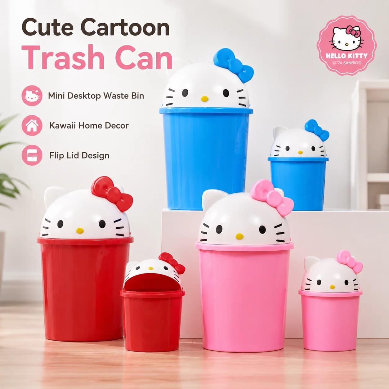 Sanrio Hello Kitty Trash Can With Lid Kawaii Cartoon Desktop Waste Bin Mini 8L 10L Large Capacity Cute Plastic Garbage Bin