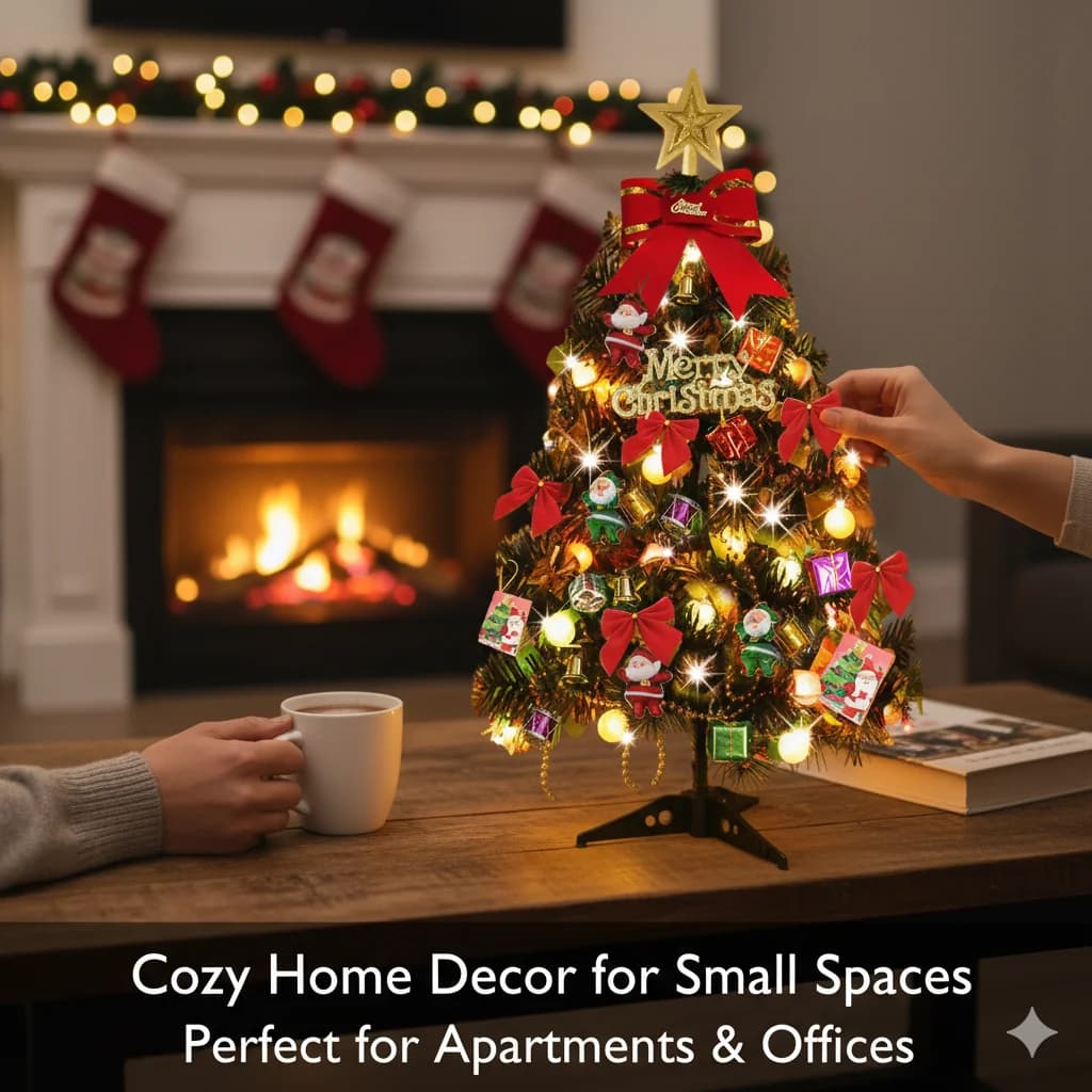 Set da tavolo per albero di Natale da 50 cm con luci a corda Archi Confezione regalo Ornamenti a campana per decorazioni natalizie per la casa, feste, uffici