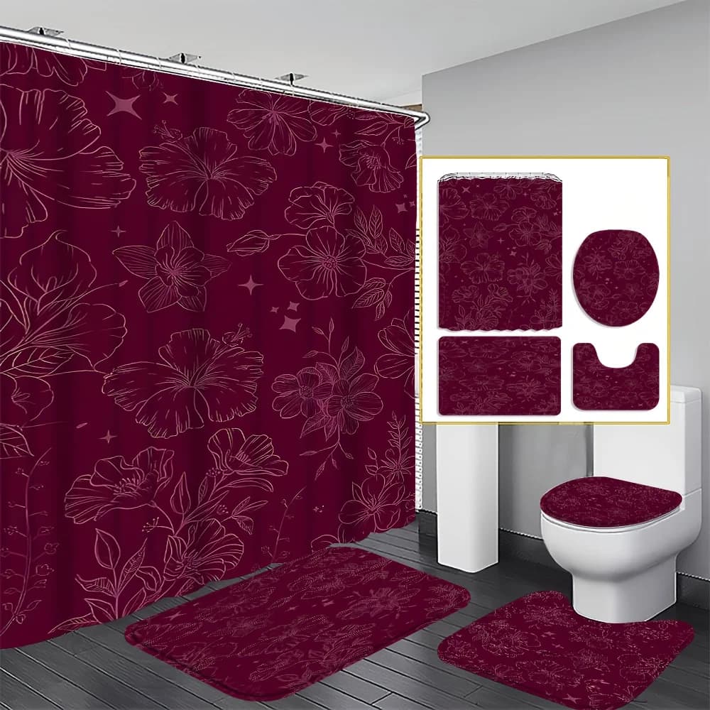 Set da Bagno Floreale Bordeaux da 1 o 4 Pezzi con Tenda Doccia, Tappetino Antiscivolo, Copriwater a U e Copri Coperchio WC - L