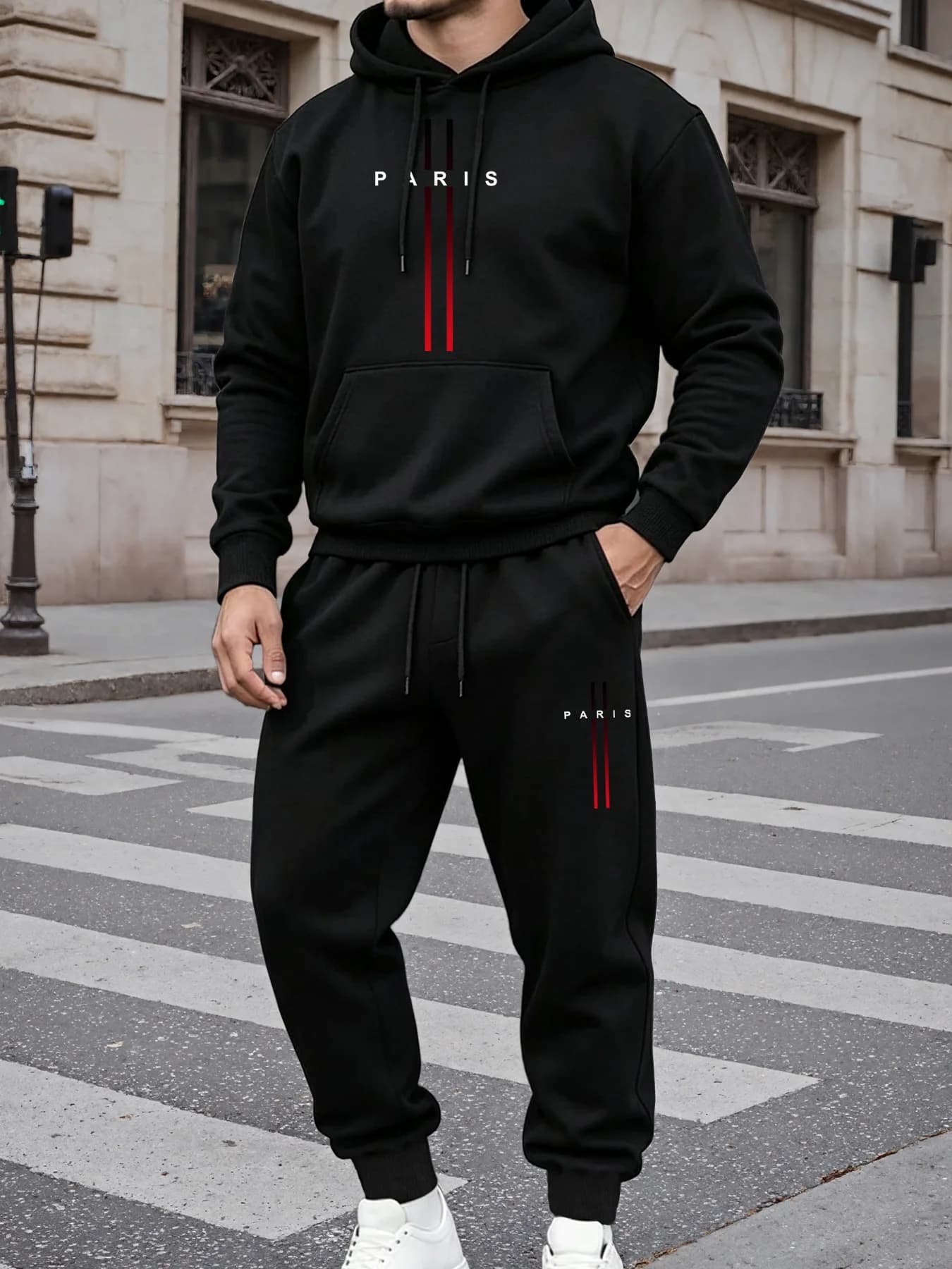 Men Paris Graphic Print Hoodie Tracksuit Fleece Lined Adjustable Drawstring Jogger Pants Wrinkle Resistant Soft 2-Piece Set Fall