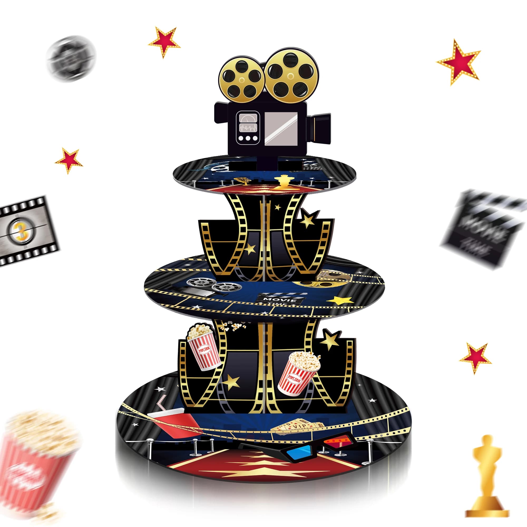 Espositore per torte per feste, festival di cinema hollywoodiano a 3 livelli, tempo cinematografico che mostra il supporto per cupcake, decorazione per vassoio per torte per feste di compleanno
