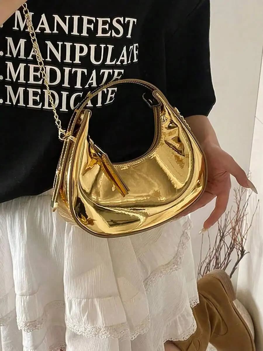 Glossy Half Moon Mini Handbag With Chain Strap Chic Shoulder Crossbody Bag For Women