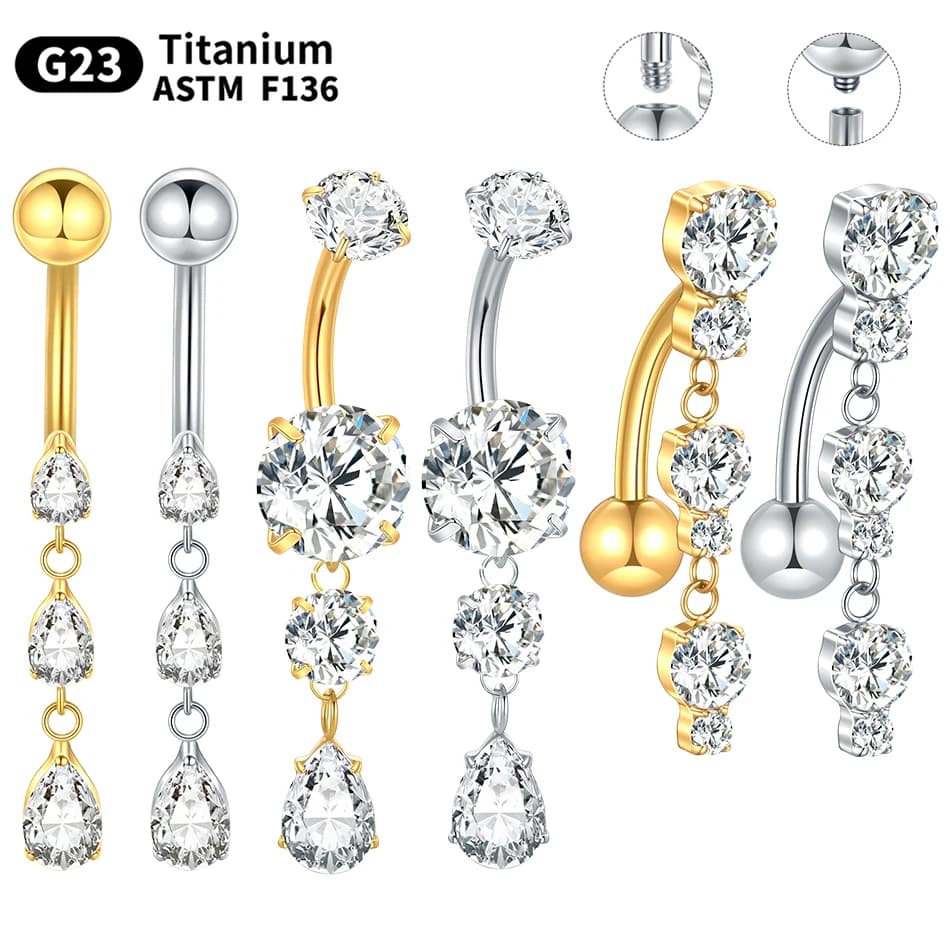 1/5 Pz ASTM F136 Titanio 14G Ciondola CZ Gemma Anello Ombelico Cubic Zirconia Goccia Ciondolo Ombelico Chiodo Sexy Body Piercing Gioielli