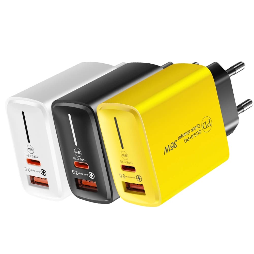 Caricatore da muro USB C da 36 W con ricarica rapida QC3.0 e PD, adattatore da viaggio con spina UE/USA per telefoni e tablet iPhone 15/Samsung/Xiaomi