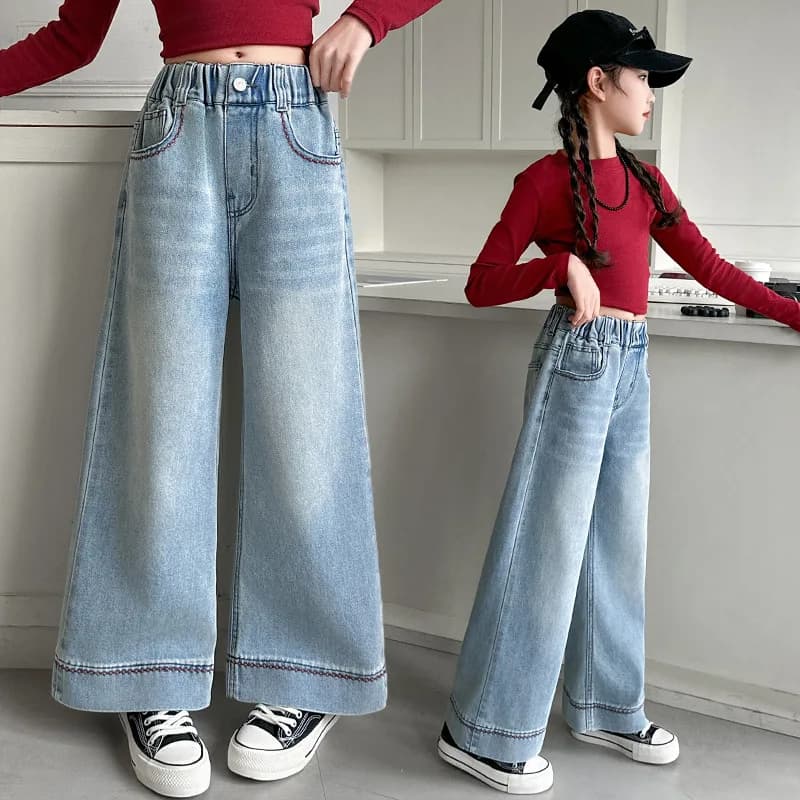 Moda Autunno Bambini Ragazze Jeans a gamba larga Pantaloni taglio dritto Abbigliamento per bambini alla moda Pantaloni in denim alla moda 5-14 anni