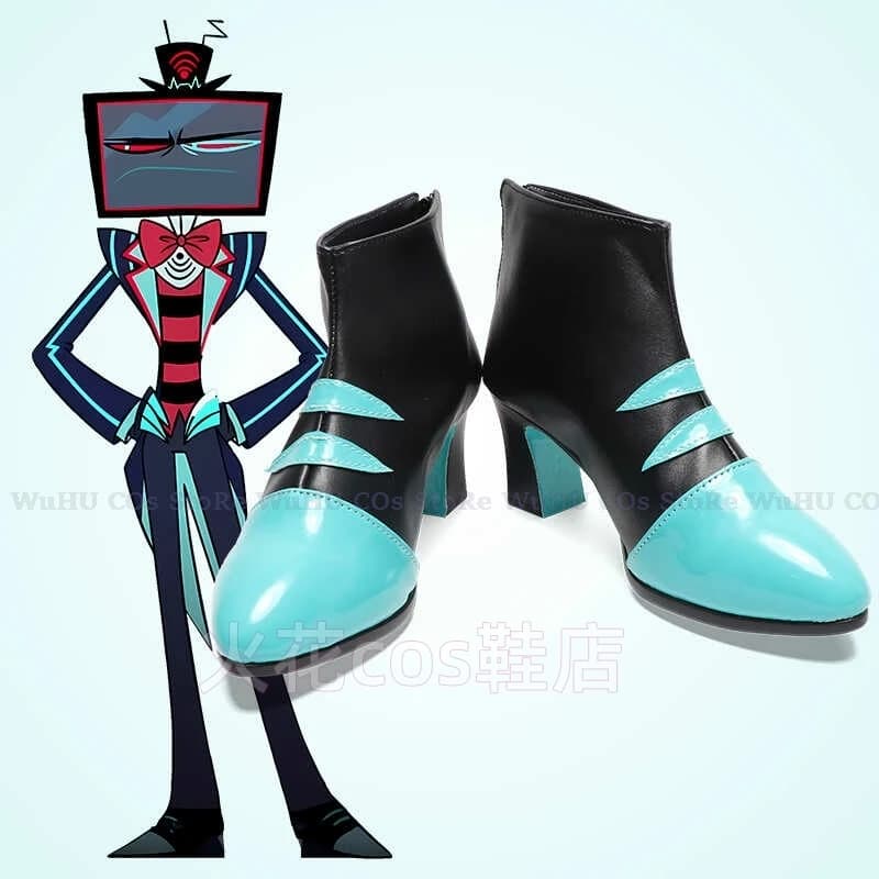 Shoes Haubin Lucifer Cosplay Hotel Vox, Blue and Black Shoes Vox, Black Leather Boots for Women and Men, Cosplay Halloween