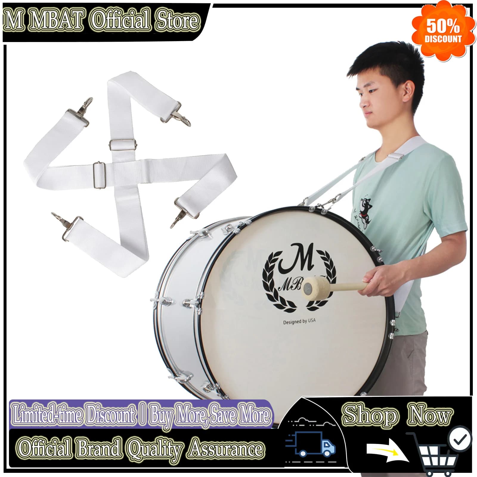 White Nylon Bass Drum Harness Adjustable Shoulder Strap for Marching Snare Drum Percussion Instrument Parts Comfortable Padded