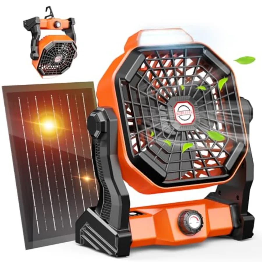 Ventilatore Solare da Campeggio con Autonomia Massima di 60 Ore, Ventilatori Alimentati a Energia Solare da 10W con Pannello Solare, Ventilatore Ricaricabile e Lanterna LED a Batteria