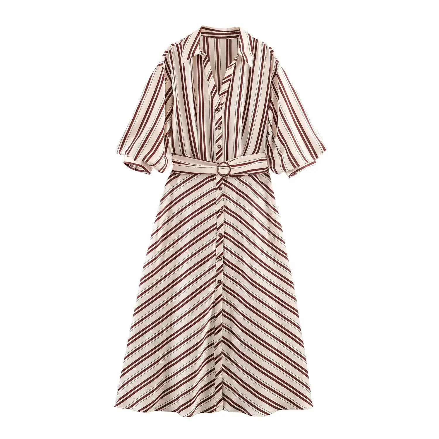 Striped dress with V neckline and sleeves, fashionable and versatile, for women, new collection spring summer 2026, with belt
