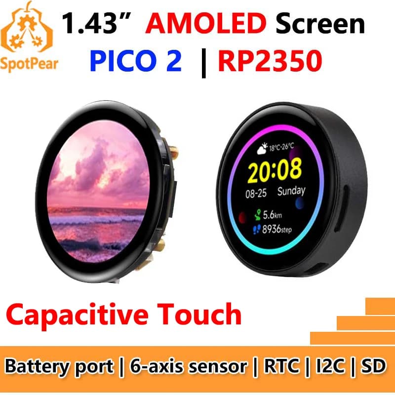 Raspberry Pi Pico 2 RP2350 AMOLED touchscreen development card from 1,43 inch Display from 1,43 inch QMI8658 6 axes / PCF85063 RTC / SD