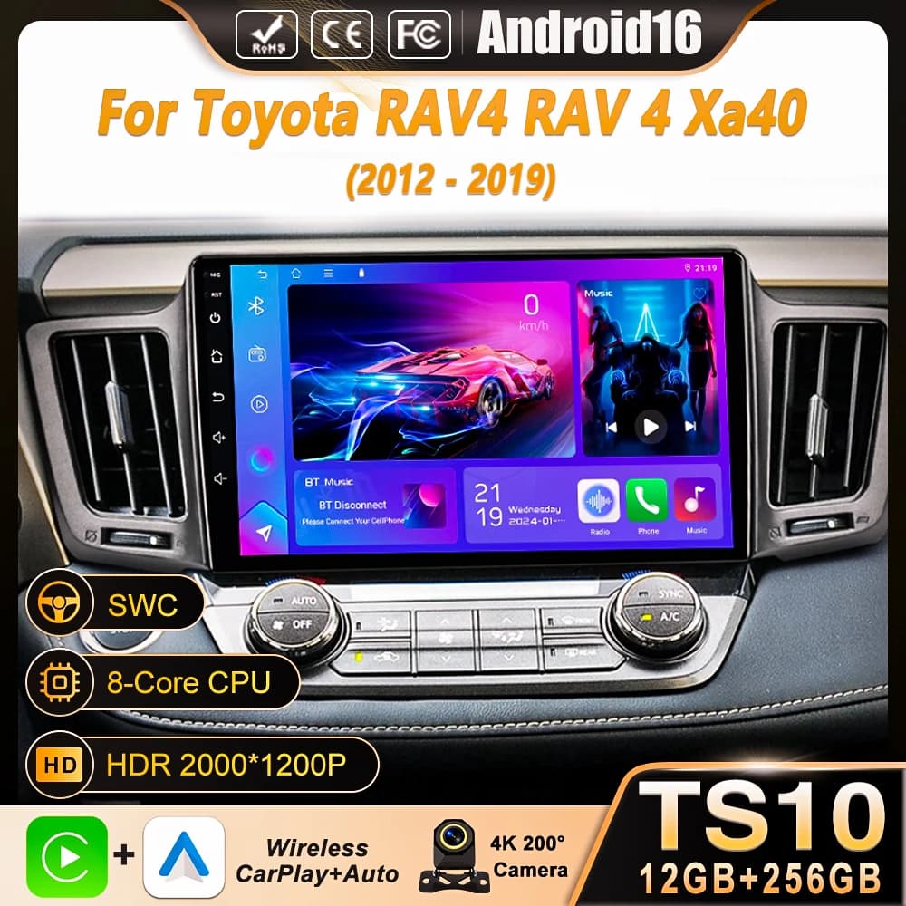 Autoradio Android 14 for Toyota RAV4 2014-2018 LHD with Touchscreen, Carplay, DSP, GPS, QLED Screen, WIFI, No DVD 2Din