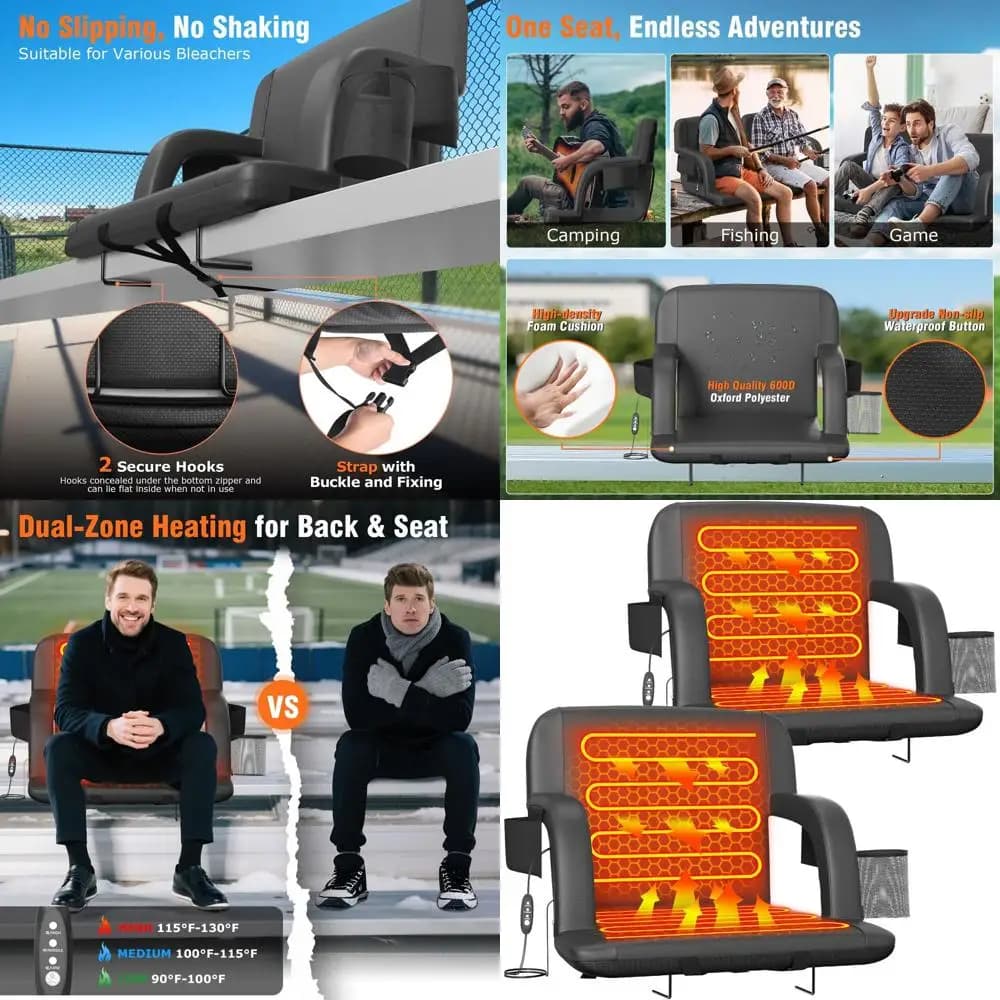 Sedile da Stadio Portatile con Supporto per la Schiena, Sedia Larga, Riscaldamento a 3 Livelli, Alimentazione USB, 5 Tasche Portaoggetti per Eventi all'Aperto