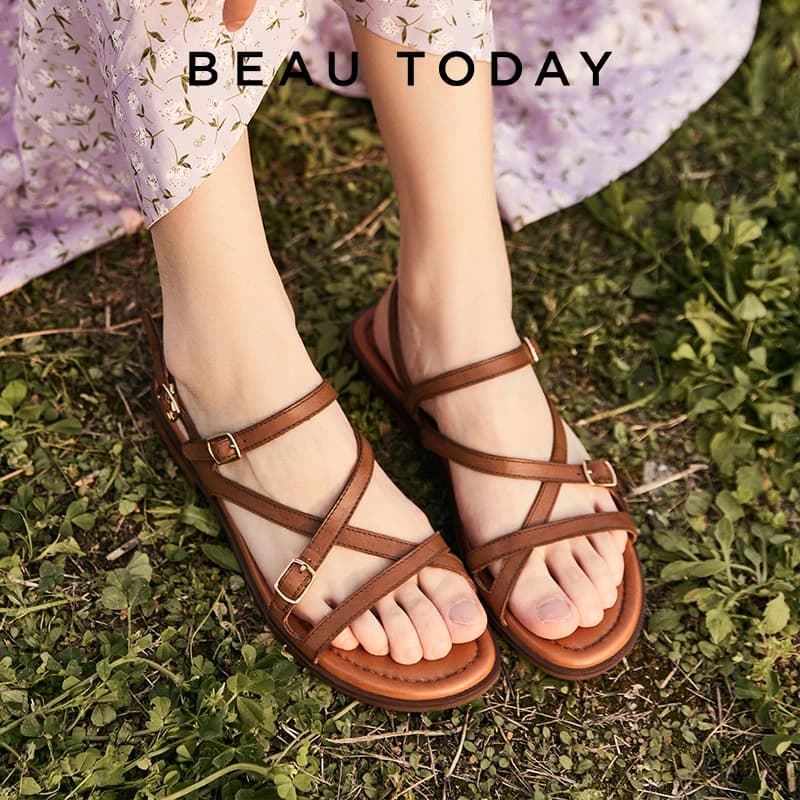 Beautoday sandali donna vera pelle di mucca Solid Simple Flats cinturino incrociato fibbia in metallo Open Toe scarpe da donna fatte a mano 32385