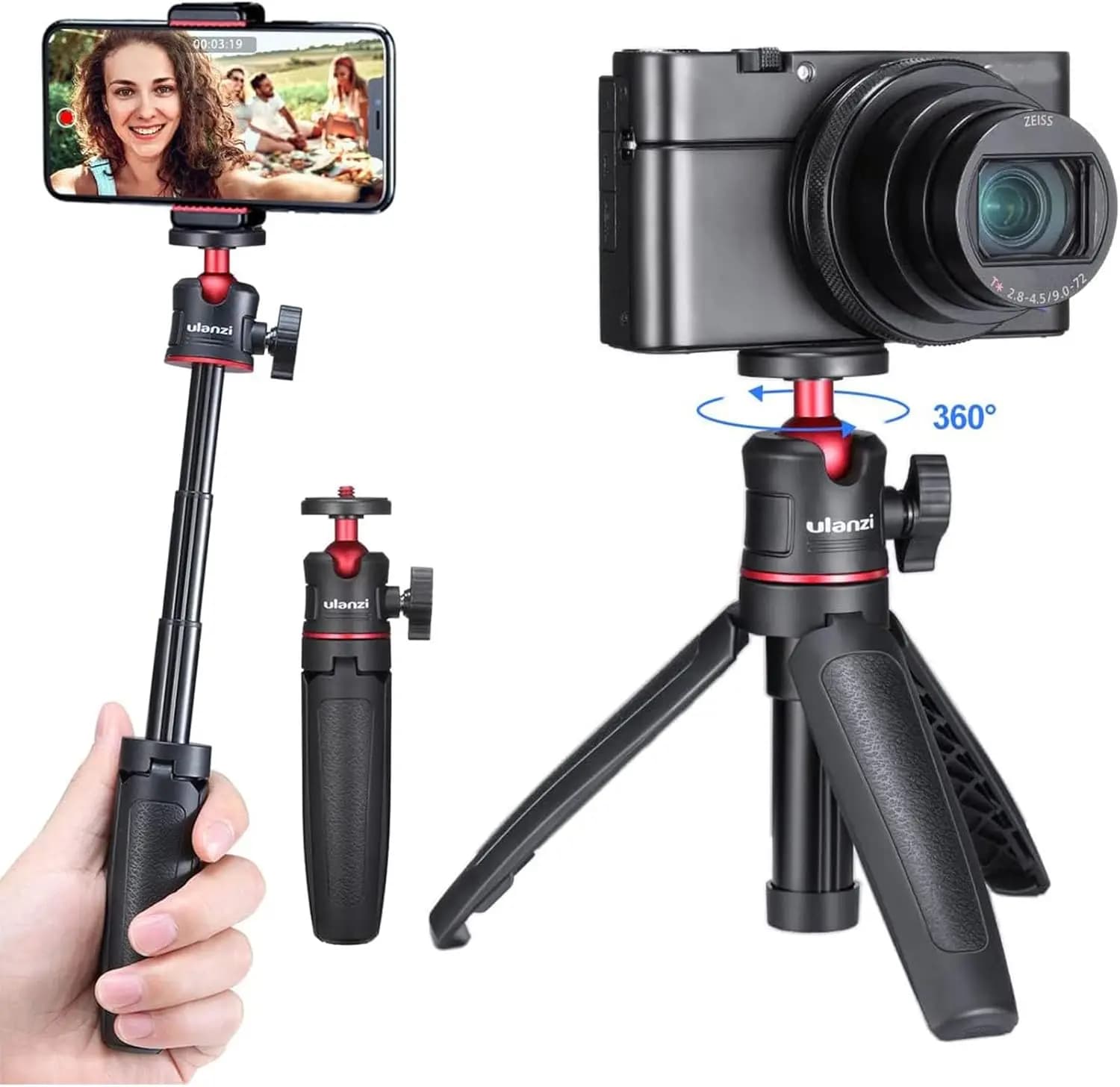 Asta Telescopica Compatta con Treppiede per Smartphone e Fotocamere, Supporto per Selfie Stick con Impugnatura per Vlogging