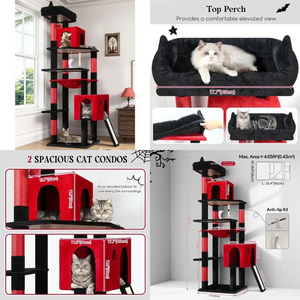 Robusta torre per gatti in stile gotico alto 70 con tiragraffi, amaca e posatoi per gatti di grandi dimensioni, F70 Pro, rosso e nero
