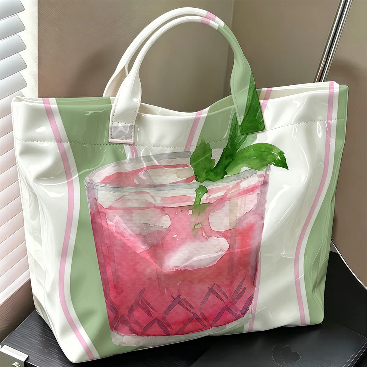 Pink Cocktail Art Fashion Large Glossy PVC Tote Bag Hand Washable Waterproof Perfect Travel Commute Cosmetic Storage Shopper