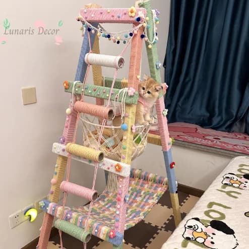 DIY finished solid wood cat climbing frame colored cotton rope scratching board household integrated cat litter cat toy