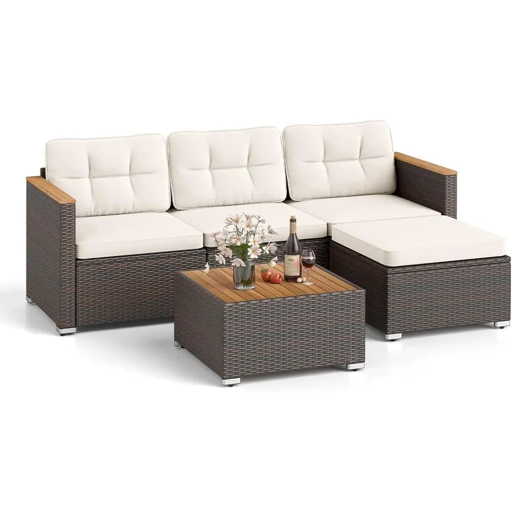 Set of 5-piece garden furniture with L-shaped rattan sofa, padded chairs and table with wooden armrests