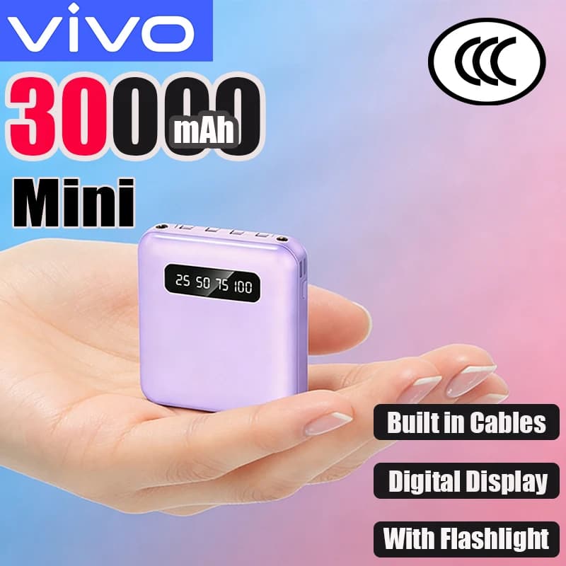 VIVO Power Bank Mini da 30000mAh con Ricarica Rapida, 4 Cavi Integrati, Display Digitale Portatile, Batteria Esterna per iPhone Samsung