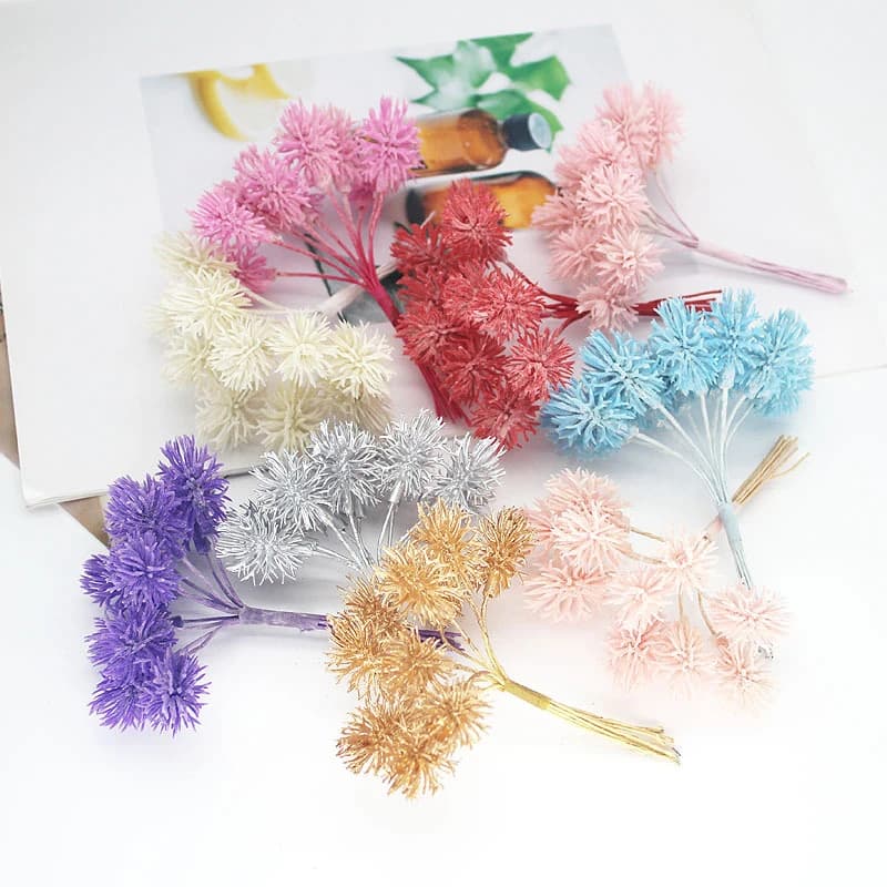 10Small Branches/ Bunch Artificial plants pompon Bouquet Plastic Flower DIY Handmade Wreath Gift Craft Wedding Home Garden Decor