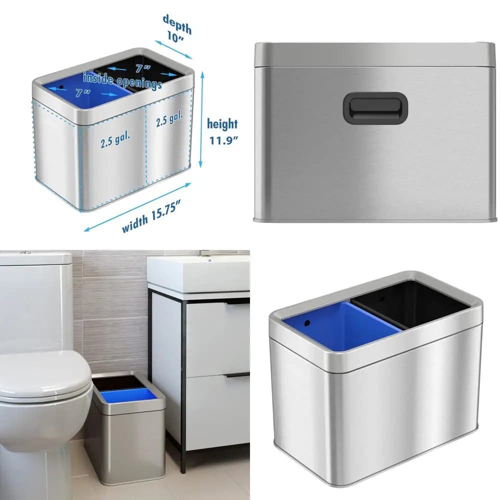 Bidone per Rifiuti e Riciclo in Acciaio Inox a Doppio Scomparto da 20L con Secchi Rimovibili per Casa o Ufficio