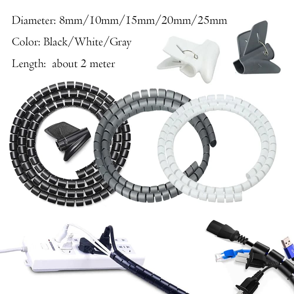 Manicotto per cavi flessibile da 2 m, avvolgicavo a spirale, organizer per cavi da 8-25 mm, gestione dei cavi da scrivania, protezione per l'organizzatore dei cavi del computer