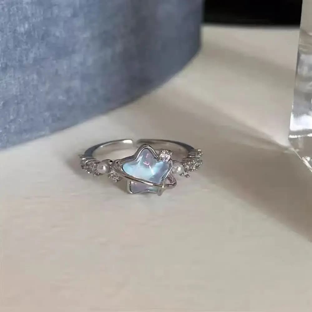 Korean version of zircon niche love glacier blue star moon ring light luxury high-end sense element circle versatile temperament ring