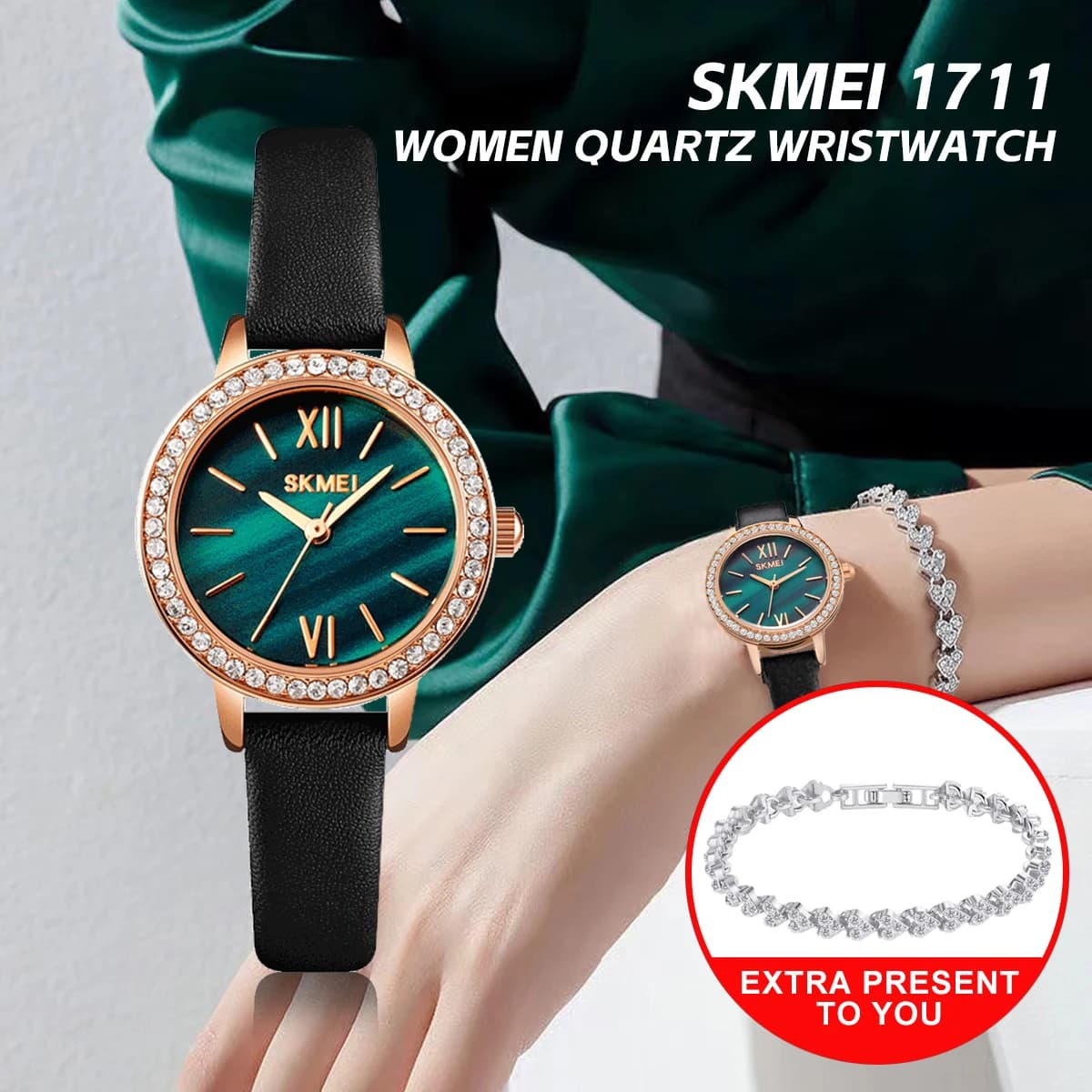 SKMEI 1711 Orologio da Polso al Quarzo da Donna con Scatola, Impermeabile 30M, Orologio di Lusso Casual alla Moda con Cinturino in Pelle, Timer per Outfit Quotidiani