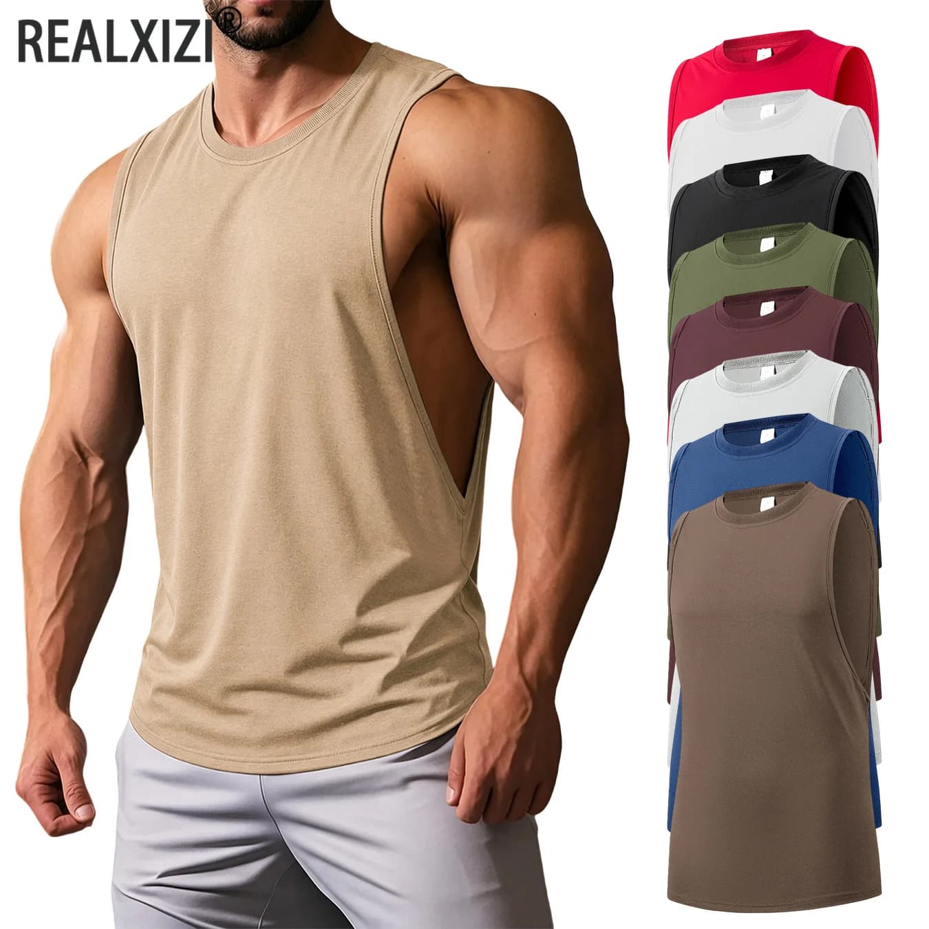 Men's Muscle Tank Top Side Split Gym Vest Bodybuilding Sleeveless Shirt Fitness Training Breathable Loose Fit Athletic Wear