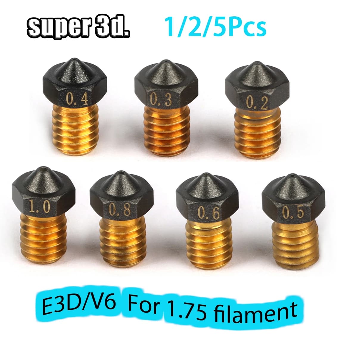 1/2/5 pz V6 ugello in PTFE ottone M6 filettato 0.2/0.3/0.4/0.5/0.6/0.8/1.0mm per stampante 3D 1.75mm E3D V6 ugello Hotend estrusore