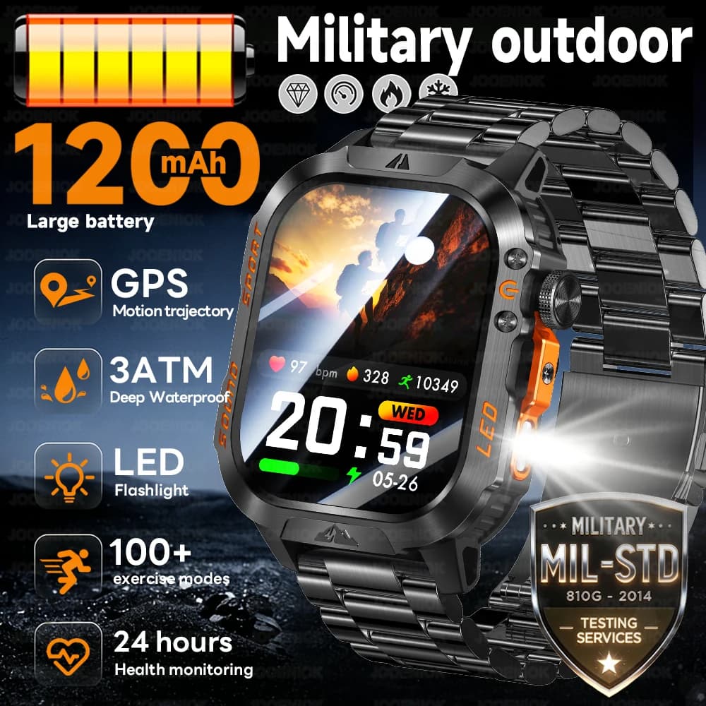 Nuovo Smartwatch con Batteria da 1200mAh, Torcia LED, Monitoraggio della Frequenza Cardiaca, Tracciamento GPS, Impermeabile IP68, Orologio Intelligente Militare