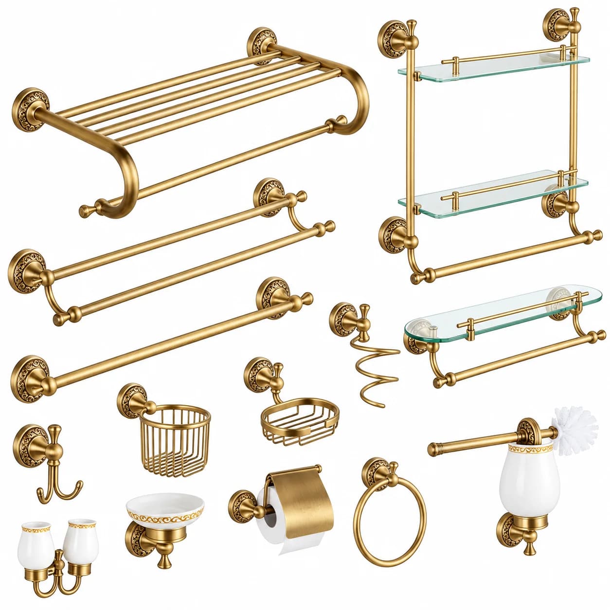 Vintage Brass Bathroom Hardware Set Luxury Copper Towel Shelf Rack Towel Bar Toilet Paper Holder Robe Hook Soap Dish Accessories