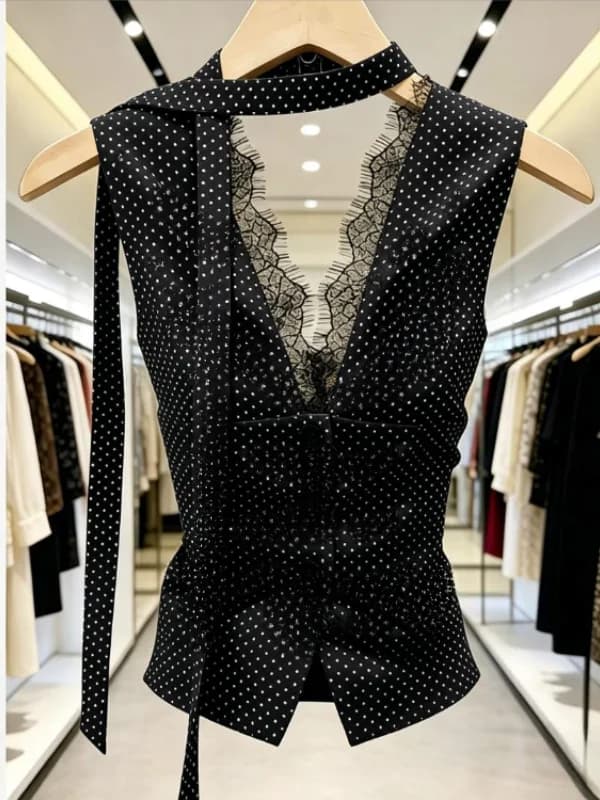 Elegant V-neck Loose Luxury Lace Splicing Sash 2026 Summer Beautiful Black Polka Dot Vest Daily Top Women's Fashion