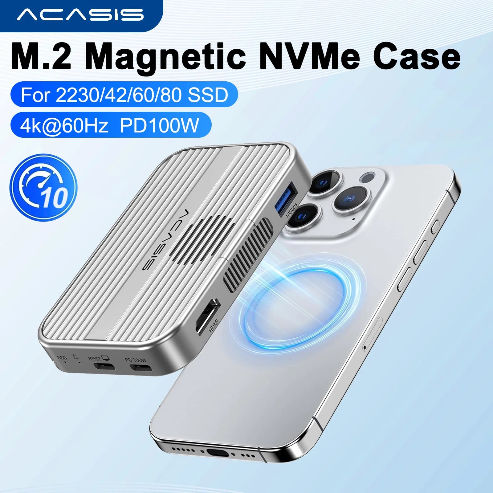 Acasis Custodia magnetica per SSD NVMe M.2 Docking station USB C da 10 Gbps con ventola di raffreddamento HDMI 4K60HZ SD/TF PD 100 W per iPhone 17 16
