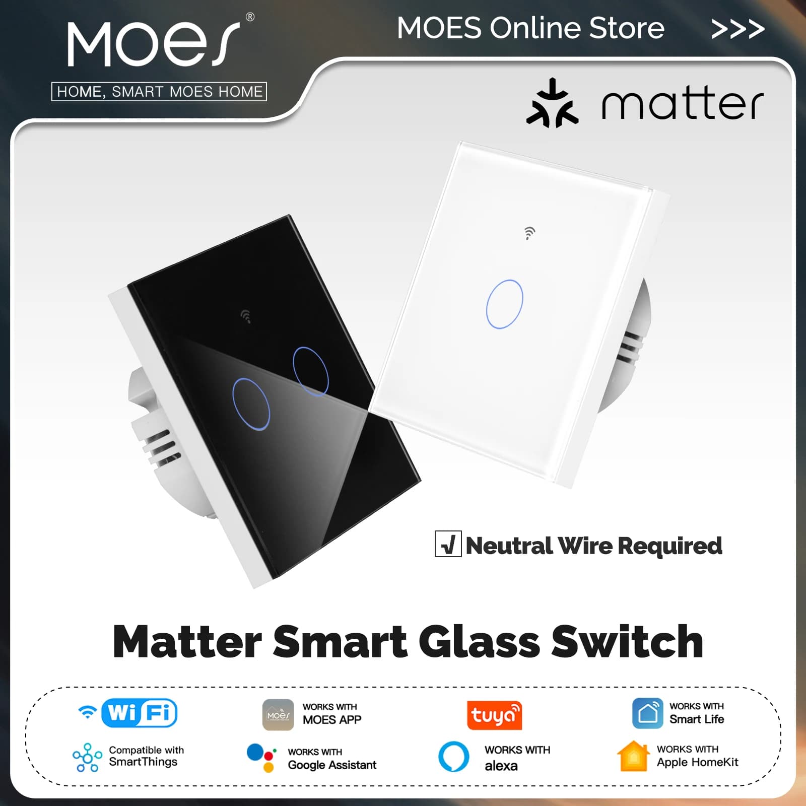 MOES Matter Tuya WiFi Smart Light Switch Controllo touch in vetro Cavo neutro ignifugo richiesto con Alexa Google Home HomeKit
