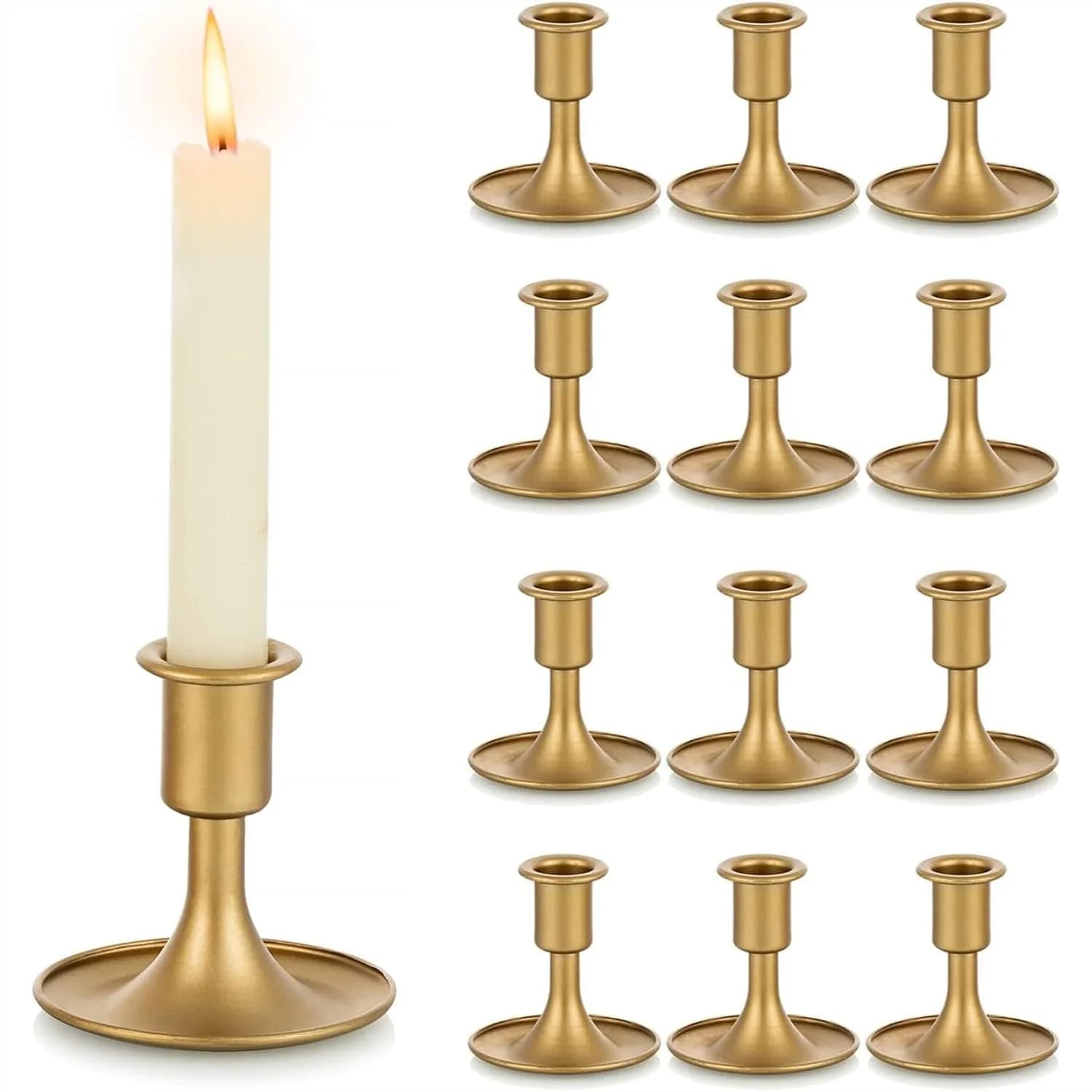 Set di 12 portacandele dorati, portacandele corti e sottili in ottone per centrotavola di nozze, decorazioni per tavoli da pranzo per Natale, compleanni e feste.