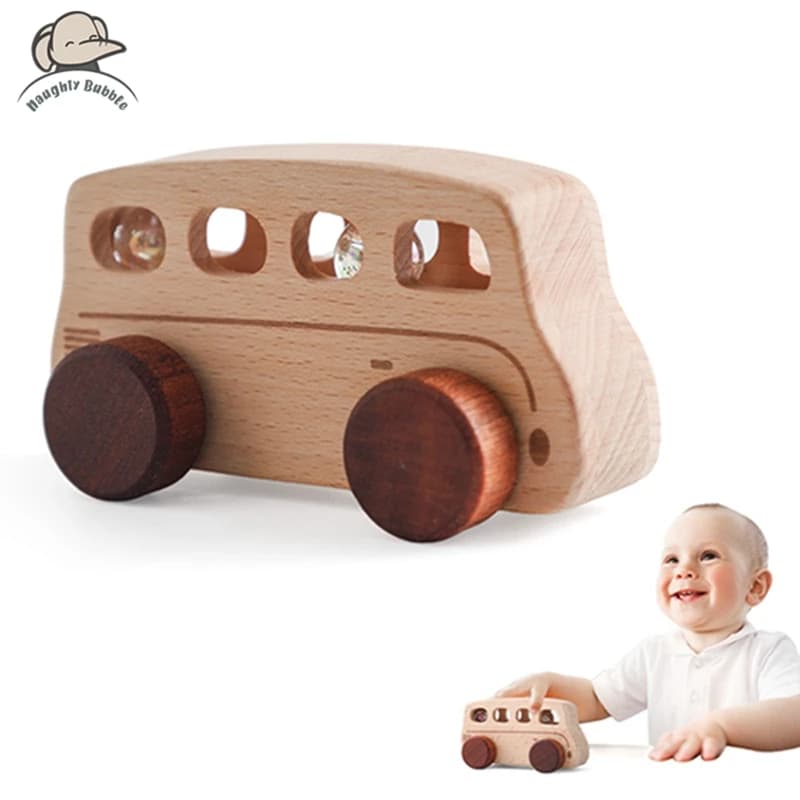 Giocattolo per autobus in legno per bambini Bus in faggio Gioco di spinta a mano Giocattoli educativi Montessori Decorazione della stanza Blocchi di costruzione in legno Regali fatti a mano