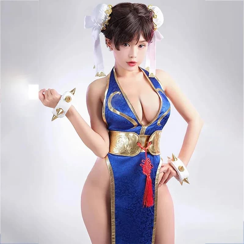Chun Li Costumi Cosplay Cheongsam Gioco Street Fighter Gioco di ruolo Abito blu e parrucca Vestito di carnevale di Halloween per donne Ragazze5;c