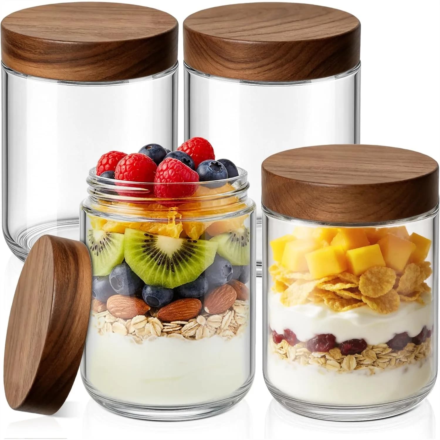 Contenitori per Overnight Oats da 16 oz con Coperchi, Barattoli in Vetro con Coperchio Ermetico in Legno di Acacia, Contenitori a Bocca Larga per Preparazione Pasti