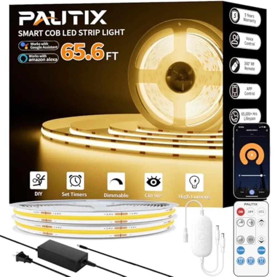Strisce LED COB 65,6ft/20m Luce Bianca Calda Compatibili con Alexa/Google Assistant Strisce LED Dimmerabili per Camera da Letto