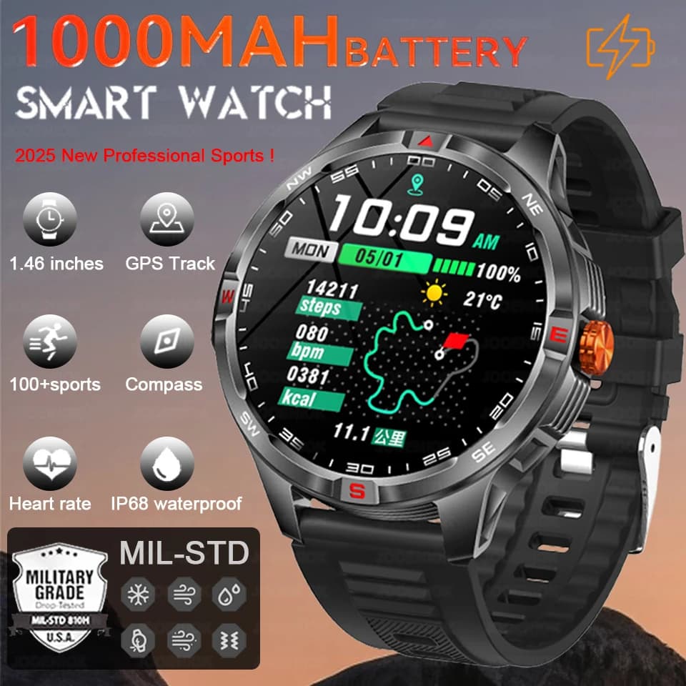 Batteria da 1000 mAh Astuto Della Vigilanza Degli Uomini Bussola IP68 Impermeabile Chiamata Bluetooth 1.46 POLLICI HD Schermo Frequenza Cardiaca Sport 2025 Nuovo Smartwatch