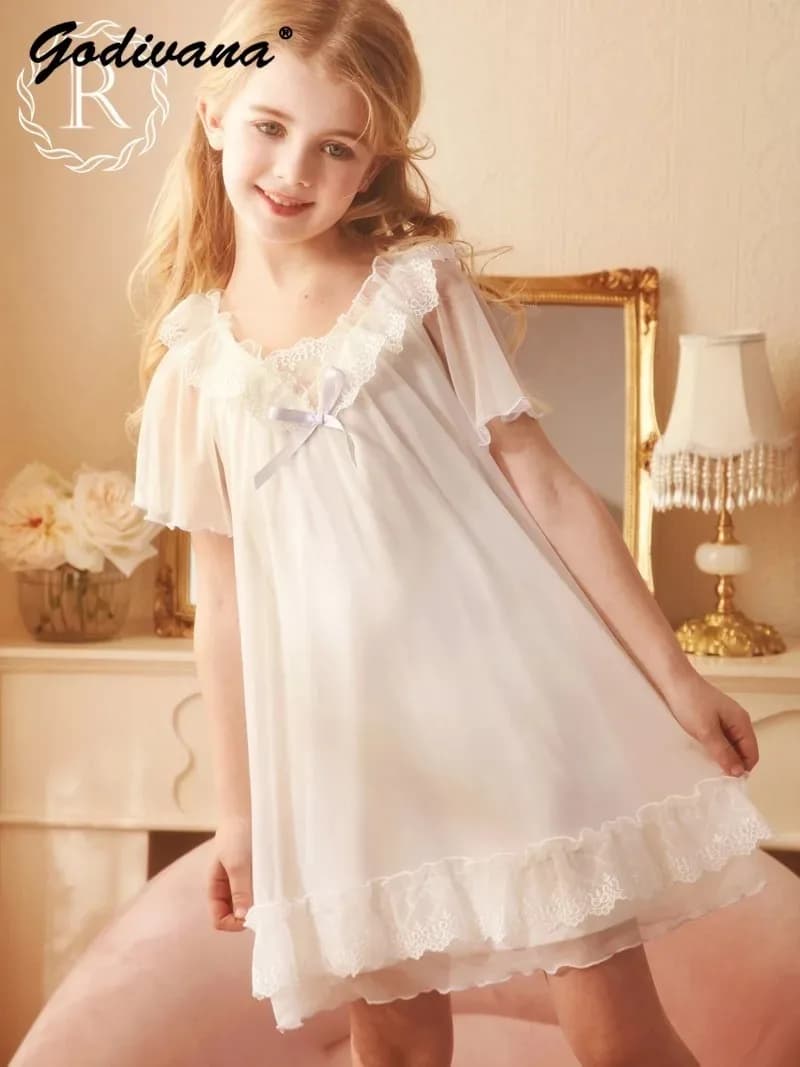 Little Girls Princess Lace Splicing Mesh Dress 2026 Summer Thin Ice Silk Short Sleeve V-neck Loose Court Style Girls Nightgowns